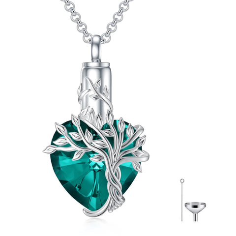 S925 Sterling Silver Tree of Life Urn Necklaces for Ashes Cremation Jewelry with Emerald Crystal with Memorial Jewelry Gifts for Women with Funnel Filler,Green