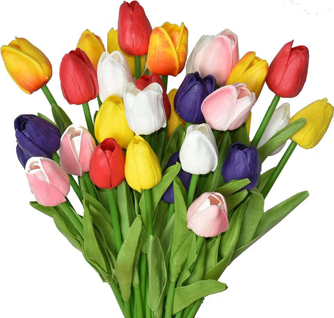 24pcs Real Touch Artificial Tulips Flowers - Multicolor Faux PU Tulip Bouquet for Home & Wedding Decor