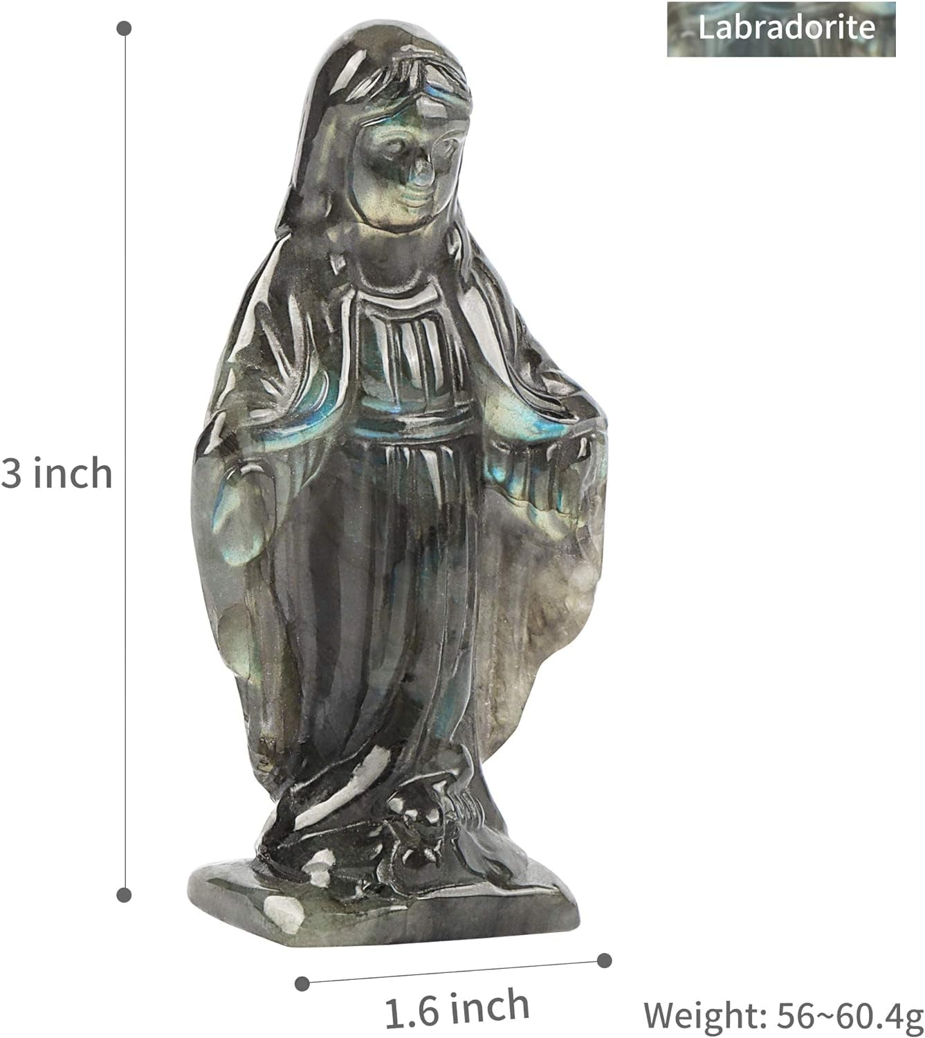 Labradorite Crystal Blessed Gemstone Virgin Mary Statue, 3.35" Virgin Mary Thanksgiving Gift Home Decor Indoor and Outdoor Sculpture Ornament