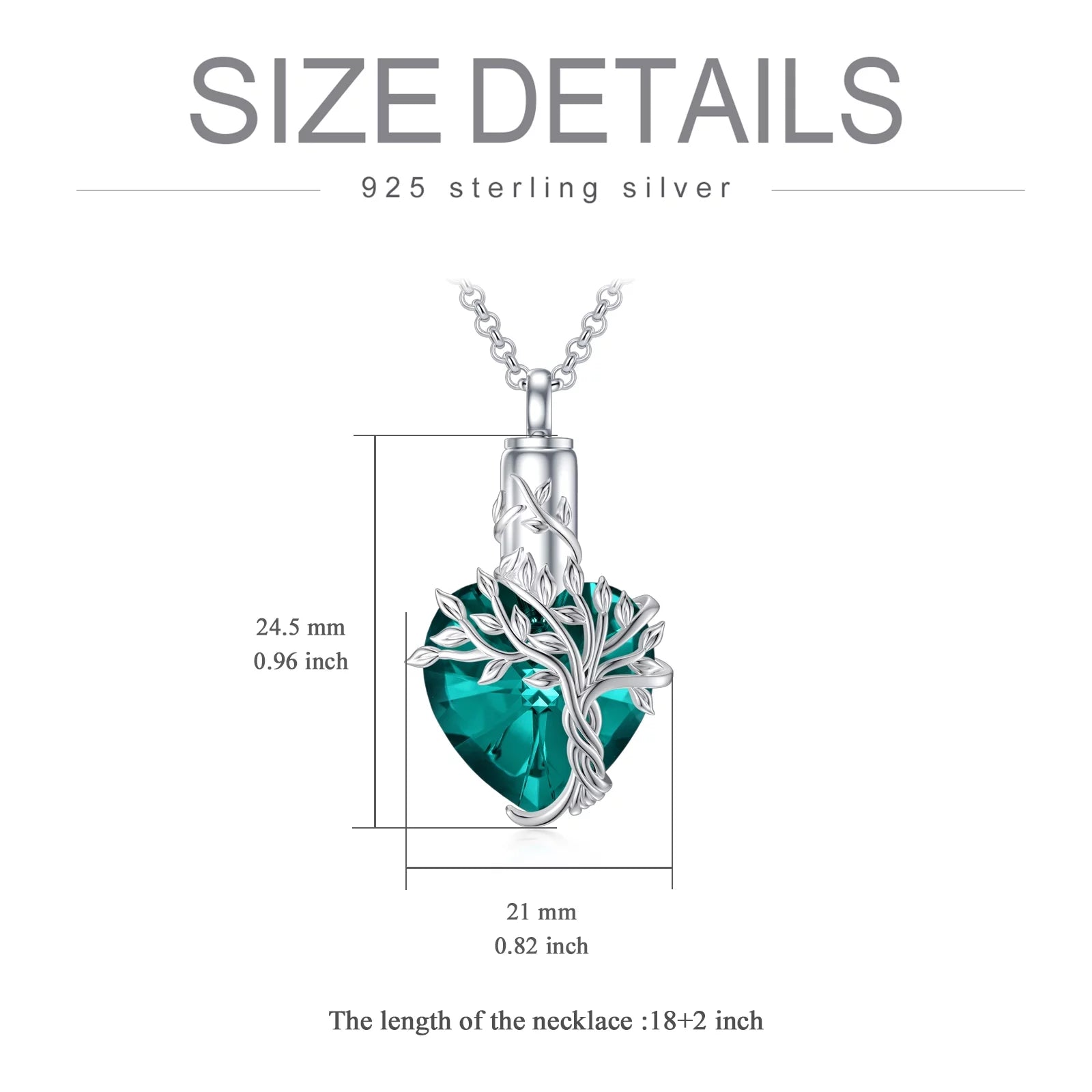 S925 Sterling Silver Tree of Life Urn Necklaces for Ashes Cremation Jewelry with Emerald Crystal with Memorial Jewelry Gifts for Women with Funnel Filler,Green