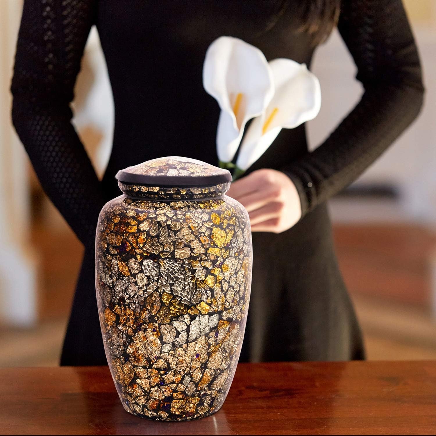 Cremation Urn for Human Ashes with Satin Bag, for Adults up to 200 Lbs | Large Handcrafted Funeral Urns by  (Golden Mosaic, Adult)