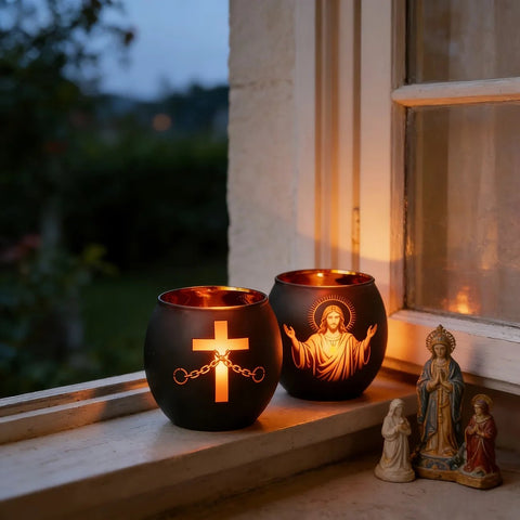 2Pcs Black Glass Cross Candle Holders Christian Religious Figurine Home Table Centerpiece Sacred Prayer Spiritual Decor Easter - Memorialine