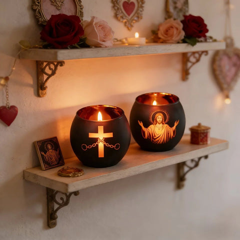 2Pcs Black Glass Cross Candle Holders Christian Religious Figurine Home Table Centerpiece Sacred Prayer Spiritual Decor Easter - Memorialine