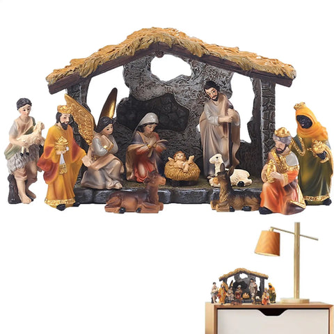 Nativity Manger Set 12-Pcs Resin Hand-Painted Nativity Figurines Christmas Nativity Figurine Collection Holy Family Religious