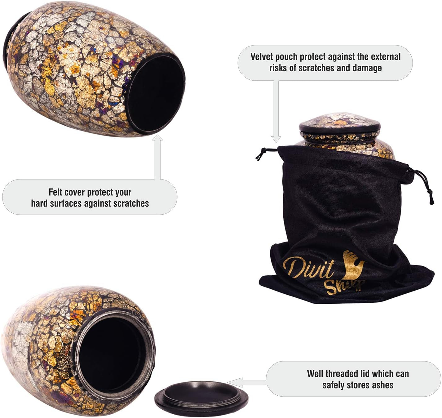 Cremation Urn for Human Ashes with Satin Bag, for Adults up to 200 Lbs | Large Handcrafted Funeral Urns by  (Golden Mosaic, Adult)