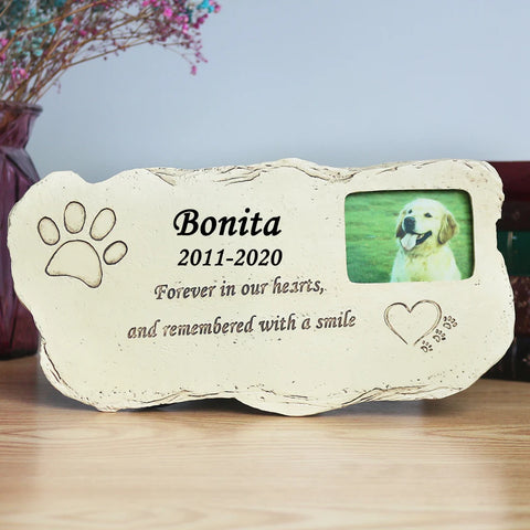 Personalized Pet Memorial Stone with Photo Frame Paw Print Grave Pet Monument Tombstone for Dogs Cats JSYS