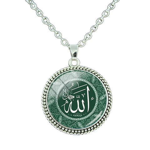 Vintage Islamic Muslim Allah Necklace Glass Cabochon Art Photo Pendant Religious Jewelry Man Women Gift NT414