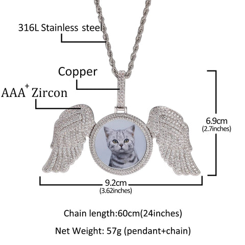 Custom Photo Necklace with Angel Wings Men Charm Micro Pave Cubic Zirconia Iced Out Jewelry for Gift Tennis Chain