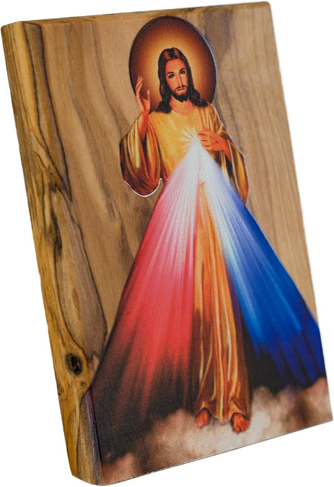 Jesus Divine Mercy Icon from Israel, Holy Land Olive Wood Decor, Religious Standing Wooden Plaque, Catholic Art for Home or Church Altar Table, Made in Bethlehem