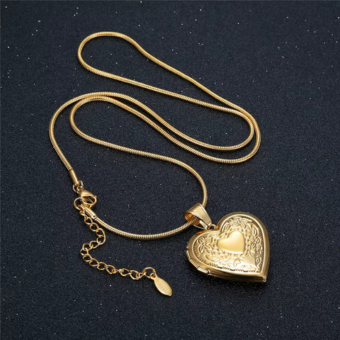 High End Love Heart Photo Locket Pendant Necklace Stainless Steel Snake Chain Gold Color Memory DIY Openable Jewelry for Women