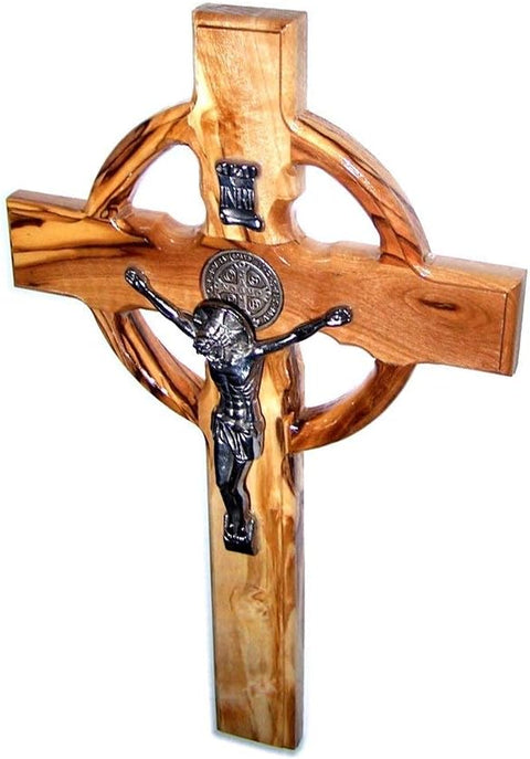 Celtic and Saint Benedict Medal Handmade Wall Wood Cross Crucifix (10 Inches)