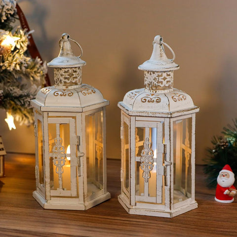 Set of 2 Decorative Lanterns -10Inch High Vintage Style Hanging Lantern Metal Candleholder White with Gold Brush