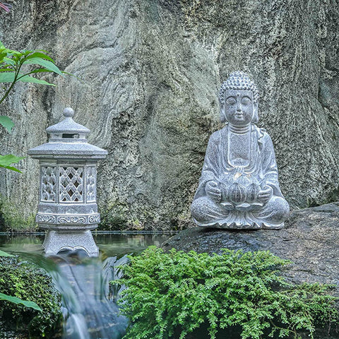 12.6 Inches Pagoda Garden Statues with Solar Lights, Resin Zen Garden Lantern Decor Outdoor Statues Yard Ornaments for Landscape Patio Porch Lawn Decoration