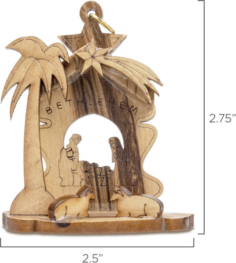 Christmas Tree Nativity Scene Manger, Holy Land Olive Wood Grotto Ornament from Israel, Holy Family & Sheep Wooden Hanging Seasonal Décor for Christmas Tree, Religious Holiday Decorations