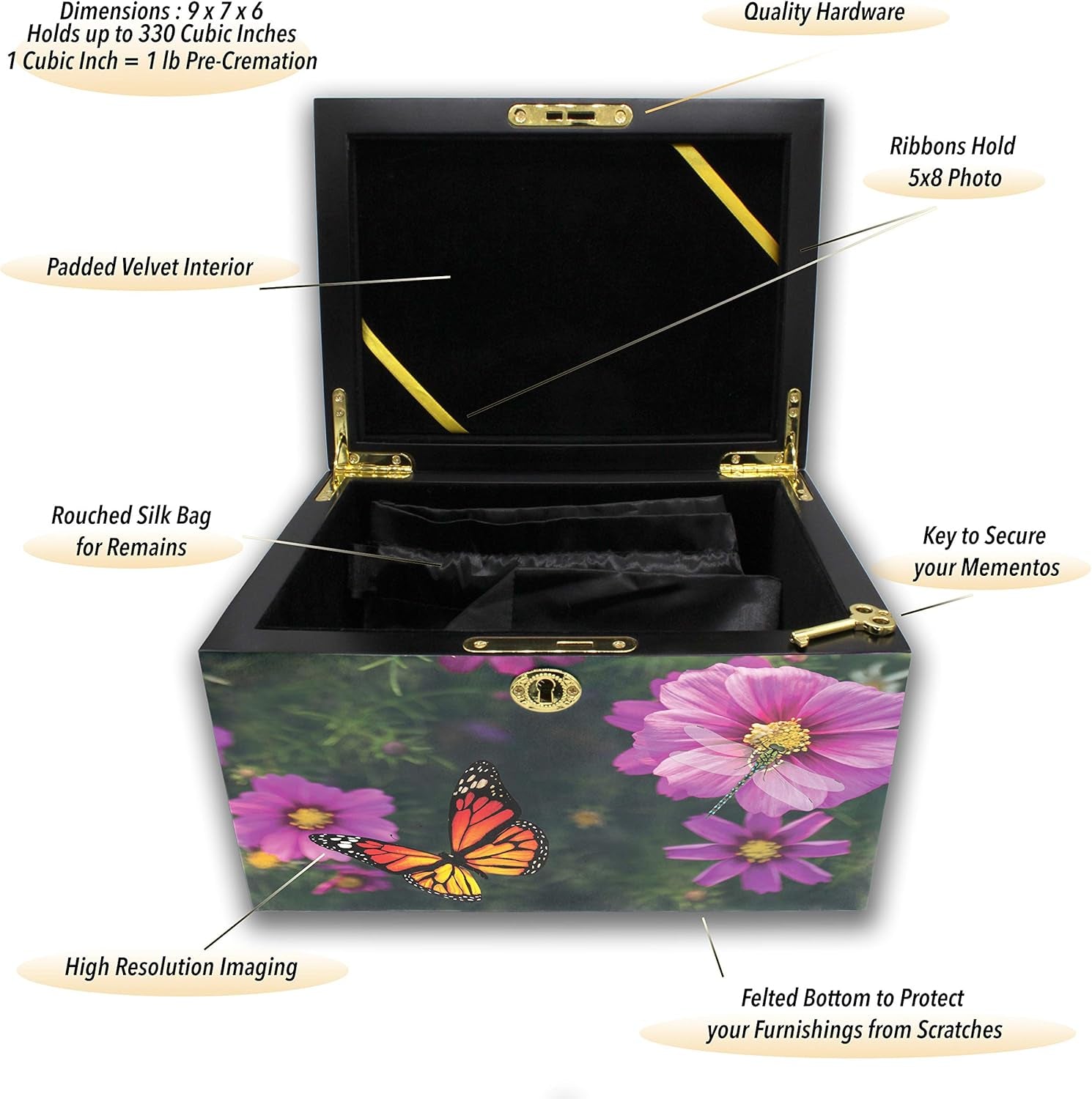 Magical Garden Cremation Urn Memorial Collection Chest with Lock and Key, Cremation Urns for Adult Ashes, Urns for Human Ashes Adult or Chilld