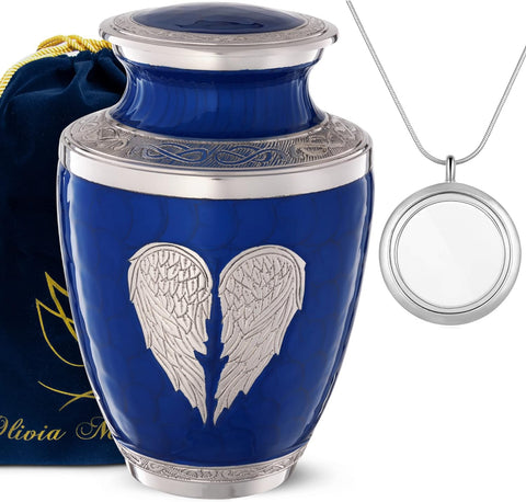 Blue Urn for Ashes Adult Male Female| Heart Funeral Decorative Angel Wings Urn for Women and Men Carefully Handcrafted with Free Pendant Necklace