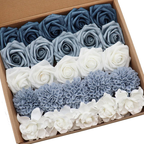 Artificial Flowers Combo Delicate Elegant Dusty Blue Mixed Flowers with Stem for DIY Wedding Bouquets Centerpieces Baby Shower Party Home Decorations
