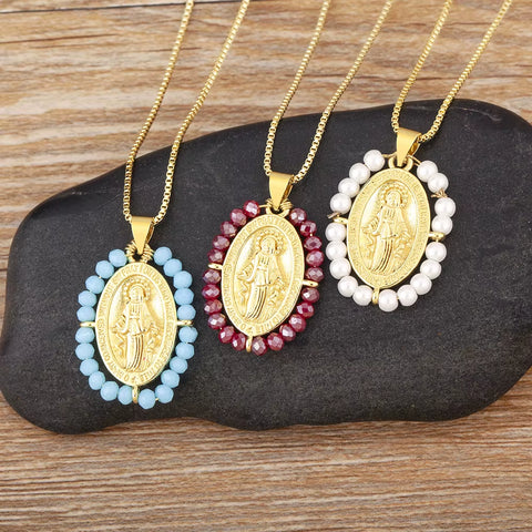 Hot Sale Virgin Mary Relief Portrait Charm Pendant Necklace for Women Men Oval Shape Pave Beads Chain Choker Jewelry Gifts