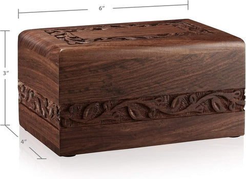 Rosewood Hand-Carved Urn Box Cremation Memorial with Velvet Bag - Small