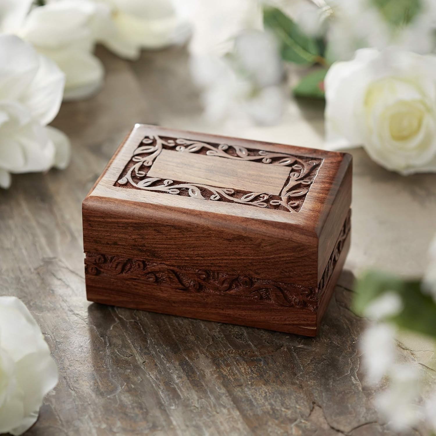 Rosewood Hand-Carved Urn Box Cremation Memorial with Velvet Bag - Small