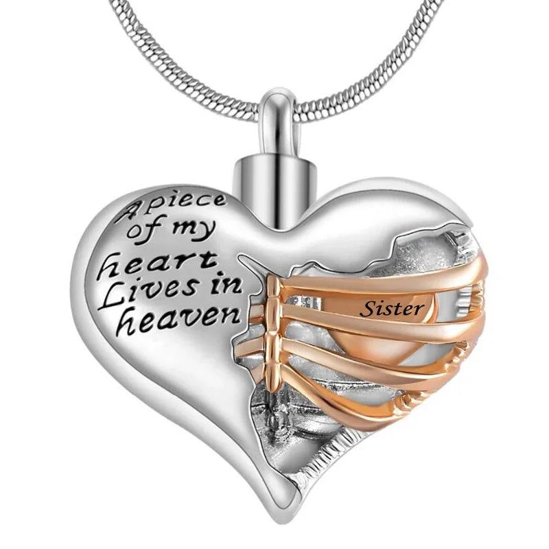 A Piece of My Heart Lives in Heaven Two Tone Locket Heart Cremation Memorial Ashes Urn Necklace Jewelry Keepsake Pendant