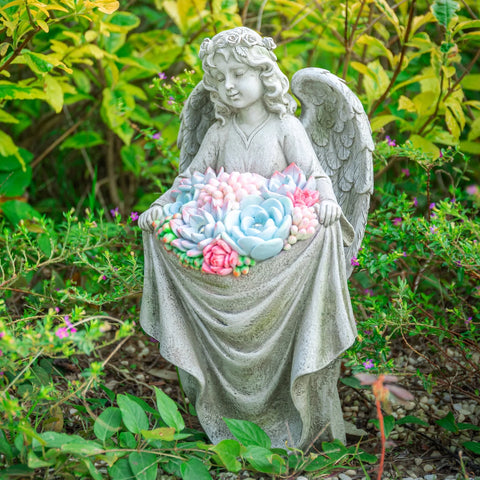 Solar Garden Statue Angel Figurine with Succulent and 5 LED Lights- Outdoor Decor Gifts for Mom Grandma or Cemetery Decorations for Patio, Balcony, Yard, Lawn Grave Garden Memorial Stones