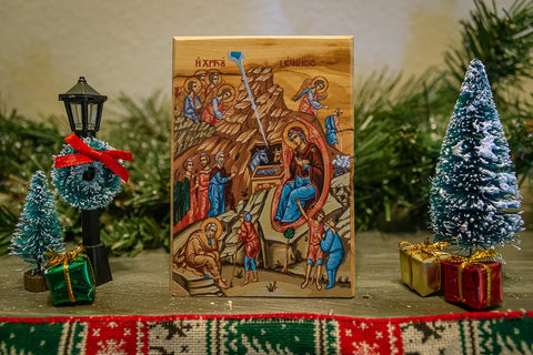 Holy Land Olive Wood Full Color Icon from Israel, Nativity of Jesus, Handmade Wooden Standing Icon Plaque