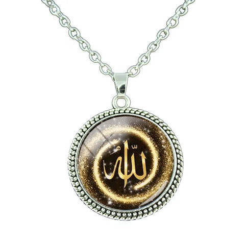 Vintage Islamic Muslim Allah Necklace Glass Cabochon Art Photo Pendant Religious Jewelry Man Women Gift NT414