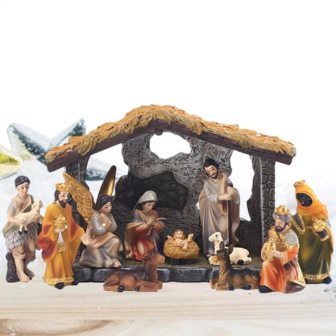 Nativity Manger Set 12-Pcs Resin Hand-Painted Nativity Figurines Christmas Nativity Figurine Collection Holy Family Religious