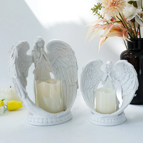 Resin Prayer Angel Candle Holder Statue Battery Powered Decorative Angel Figurines Atmosphere Prop for Wedding Party Decor