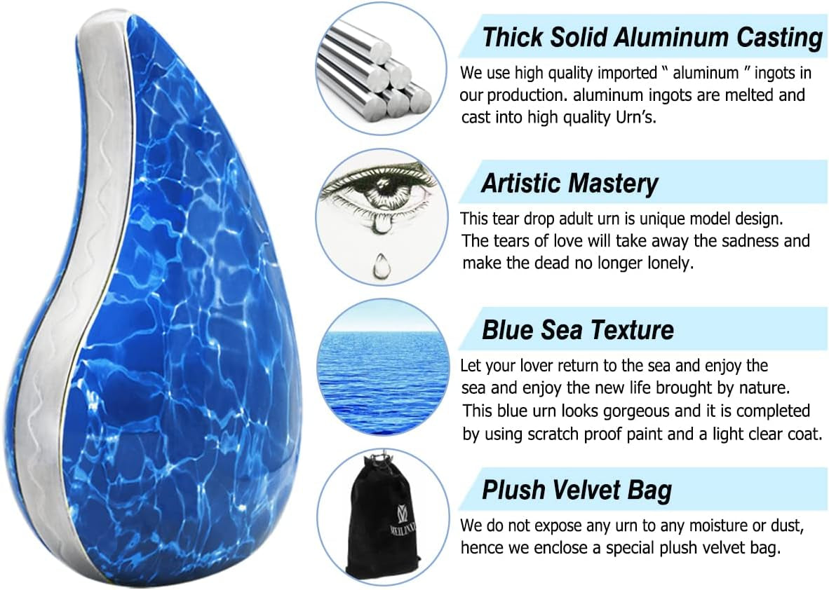 Teardrop Blue Sea Decorative Urns, Funeral Cremation Urn for Human Ashes Adults - Display Burial at Home or in Niche at Columbarium, Handcrafted Engraved Aluminum Urns for Ashes -Male / Female - Large