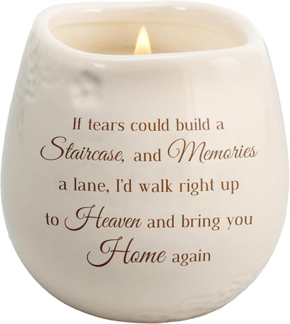 Pavilion - 8 Oz Candle Holder - Cream Beige Ceramic Candle Vessel with 100% Soy Wax, Tranquility Scent When Someone You Love Becomes a Memory Remembrance Gift - Printed Text, Love Theme, round Shape