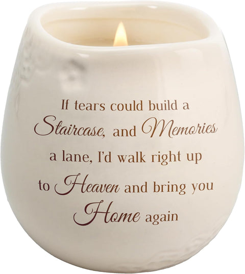 Pavilion - 8 Oz Candle Holder - Cream Beige Ceramic Candle Vessel with 100% Soy Wax, Tranquility Scent When Someone You Love Becomes a Memory Remembrance Gift - Printed Text, Love Theme, round Shape