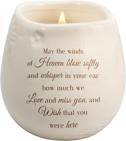 Pavilion - 8 Oz Candle Holder - Cream Beige Ceramic Candle Vessel with 100% Soy Wax, Tranquility Scent When Someone You Love Becomes a Memory Remembrance Gift - Printed Text, Love Theme, round Shape