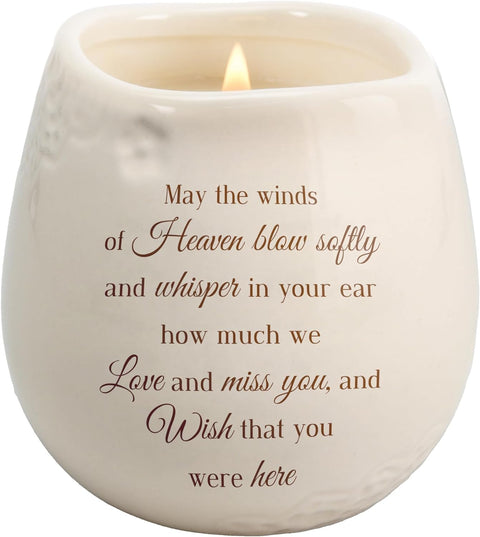 Pavilion - 8 Oz Candle Holder - Cream Beige Ceramic Candle Vessel with 100% Soy Wax, Tranquility Scent When Someone You Love Becomes a Memory Remembrance Gift - Printed Text, Love Theme, round Shape