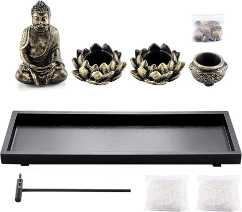 Zen Garden Set Buddha Statue 2 Lotus Tealight Candle Holders, Mallet & Rocks and Crystals & Incense Burner Stick Holder Bowl & Wood Tray for Yoga Meditaion Home Table Decor Gift