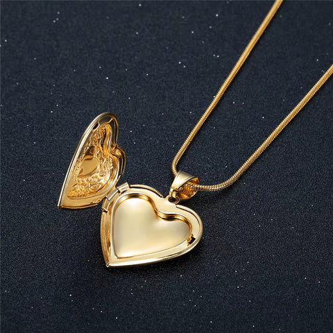 High End Love Heart Photo Locket Pendant Necklace Stainless Steel Snake Chain Gold Color Memory DIY Openable Jewelry for Women