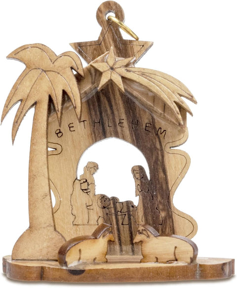 Christmas Tree Nativity Scene Manger, Holy Land Olive Wood Grotto Ornament from Israel, Holy Family & Sheep Wooden Hanging Seasonal Décor for Christmas Tree, Religious Holiday Decorations