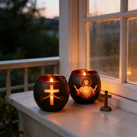 2Pcs Black Glass Cross Candle Holders Christian Religious Figurine Home Table Centerpiece Sacred Prayer Spiritual Decor Easter