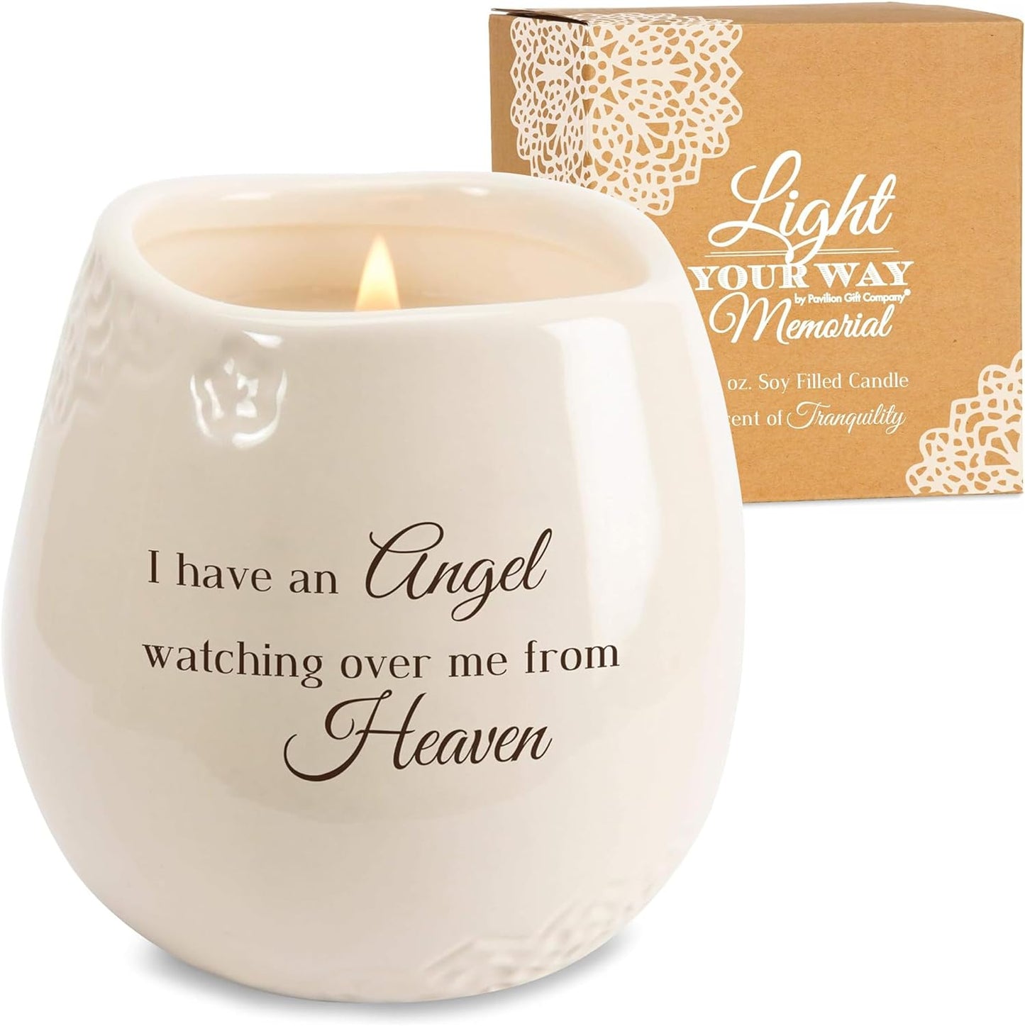 Pavilion - 8 Oz Candle Holder - Cream Beige Ceramic Candle Vessel with 100% Soy Wax, Tranquility Scent When Someone You Love Becomes a Memory Remembrance Gift - Printed Text, Love Theme, round Shape