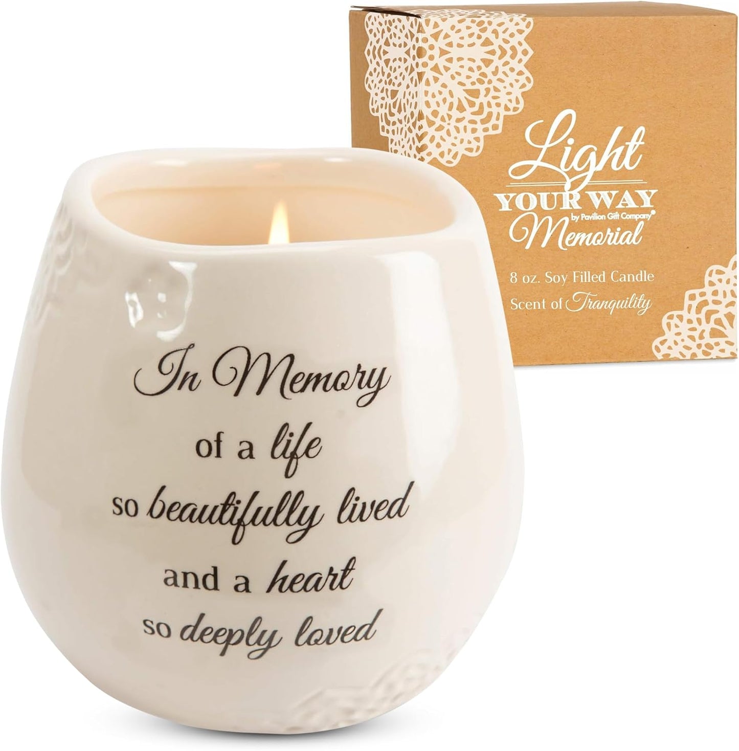 Pavilion - 8 Oz Candle Holder - Cream Beige Ceramic Candle Vessel with 100% Soy Wax, Tranquility Scent When Someone You Love Becomes a Memory Remembrance Gift - Printed Text, Love Theme, round Shape