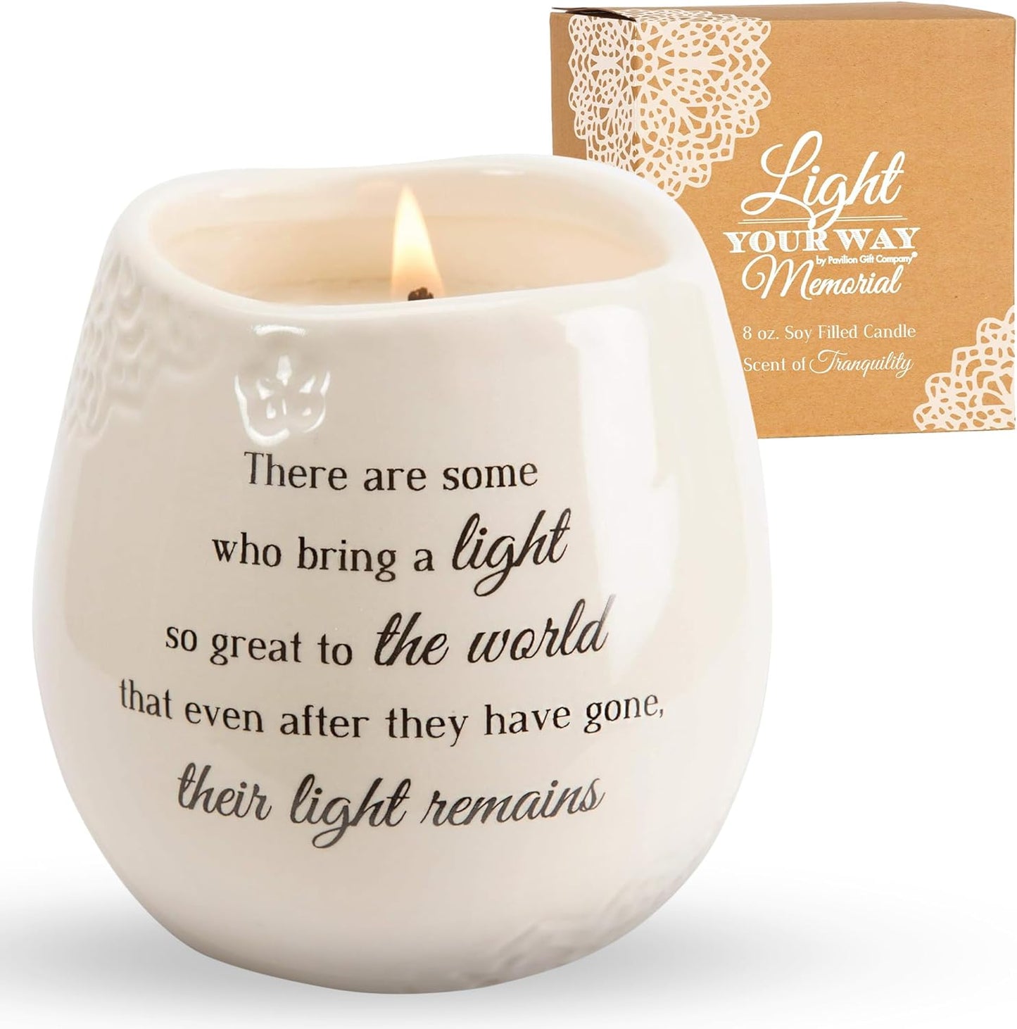 Pavilion - 8 Oz Candle Holder - Cream Beige Ceramic Candle Vessel with 100% Soy Wax, Tranquility Scent When Someone You Love Becomes a Memory Remembrance Gift - Printed Text, Love Theme, round Shape