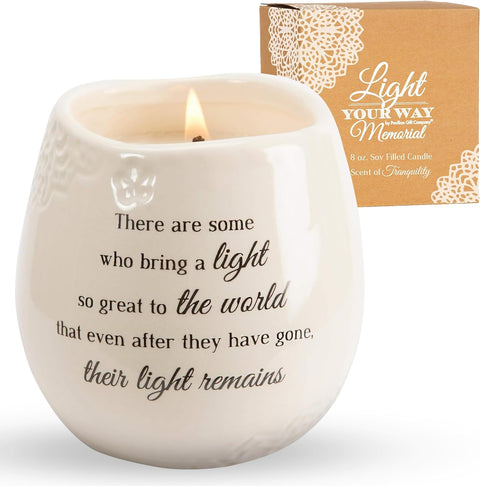 Pavilion - 8 Oz Candle Holder - Cream Beige Ceramic Candle Vessel with 100% Soy Wax, Tranquility Scent When Someone You Love Becomes a Memory Remembrance Gift - Printed Text, Love Theme, round Shape