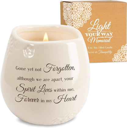 Pavilion - 8 Oz Candle Holder - Cream Beige Ceramic Candle Vessel with 100% Soy Wax, Tranquility Scent When Someone You Love Becomes a Memory Remembrance Gift - Printed Text, Love Theme, round Shape