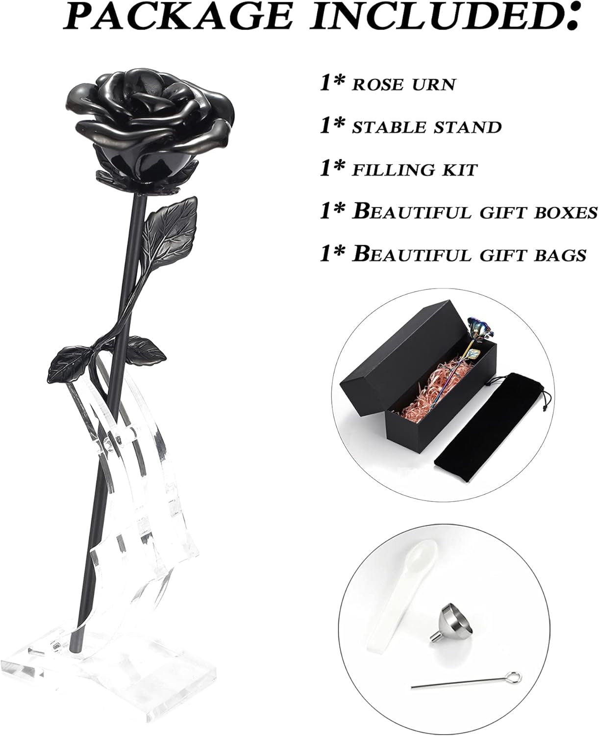 Long-Stem Rose Flower Cremation Urns for Ashes Stainless Steel Memorial Keepsake Funeral Ash Container Human Pet Dog Cat for Ashes (S20-Black)