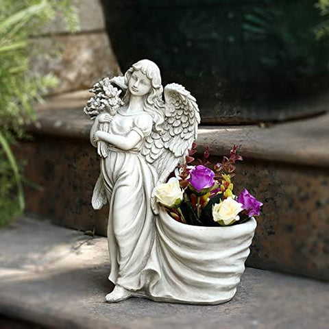 Sunray Garden Landscape Statues, Angel Statues, Garden Decoration, Hand-Carved Finish 12.1‘’H (Angel Flowerpot)