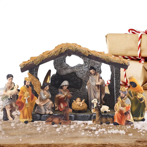 Nativity Manger Set 12-Pcs Resin Hand-Painted Nativity Figurines Christmas Nativity Figurine Collection Holy Family Religious