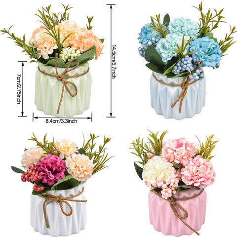 Artificial Flower Plants – Mini Fake Hydrangea Flowers in Pot for Home Decor Party Wedding Office Patio Table Desk Decoration, Set of 4, 3.3''(D) X 5.5''(H)
