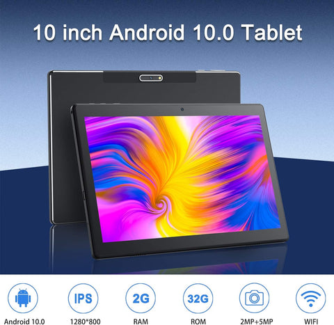 Android Tablet 10 Inch with 32GB Storage, 1280X800 IPS Touchscreen, Long Battery Life, Support Microsoft Office Software, Wi-Fi, Bluetooth 4.2, Black