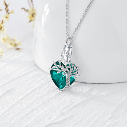 S925 Sterling Silver Tree of Life Urn Necklaces for Ashes Cremation Jewelry with Emerald Crystal with Memorial Jewelry Gifts for Women with Funnel Filler,Green